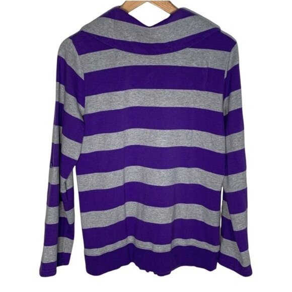 Denim & Co Womens Small Striped Zip Jacket Purple Gray Roll Tab Sleeve Casual - Picture 2 of 6